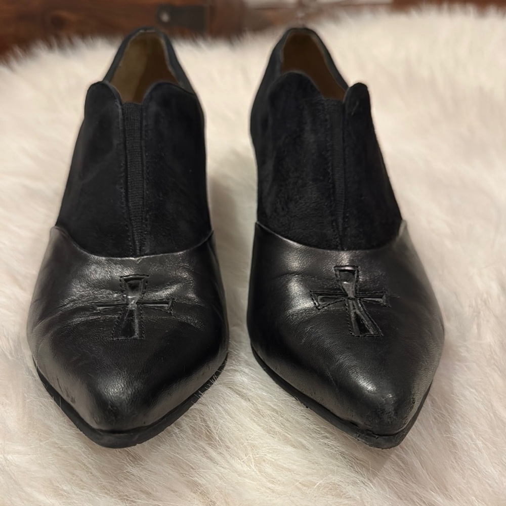 John Fluevog Black Cross Detail Heeled Boots - Picture 3 of 9